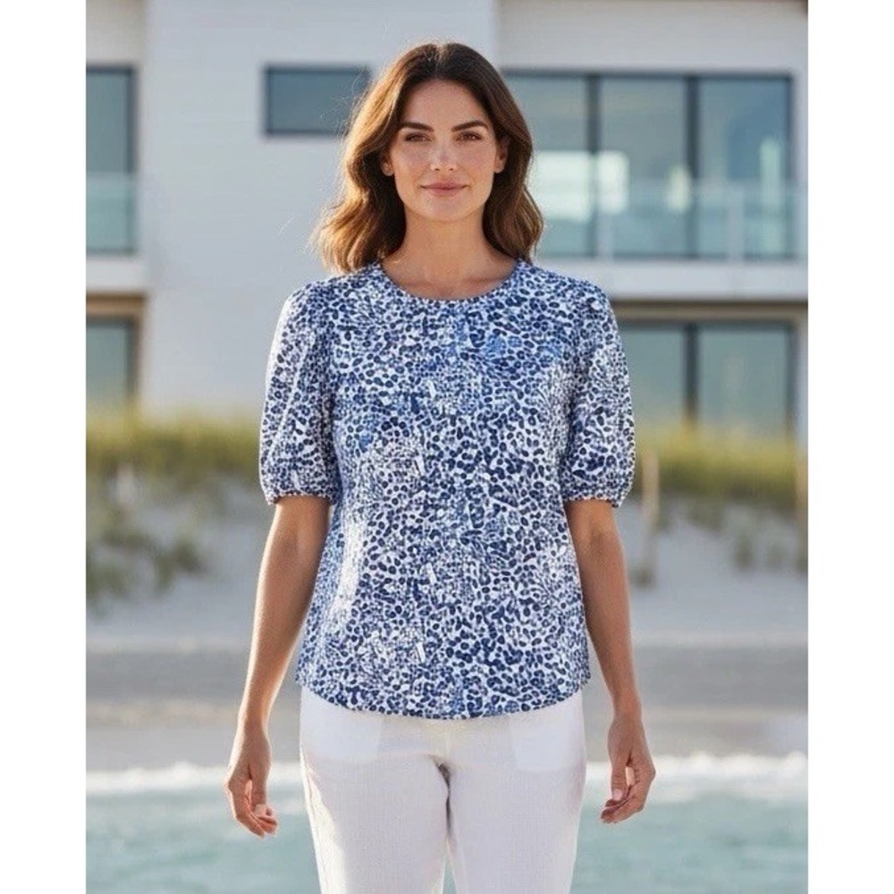 New Lilly Pulitzer Rhett Knit Top Twisted Up Snow Leopard XXS Blue White